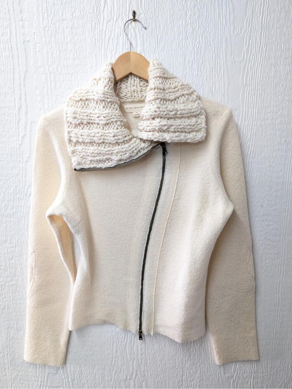 GRO ABRAHAMSSON Cream Boiled Wool Moto Sweater Jacket Women's Medium